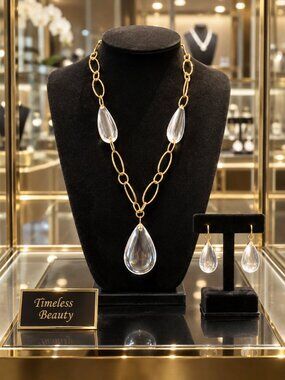Gold-Tone Chunky Link Chain & Transparent Acrylic Waterdrop Pendant & Earrings